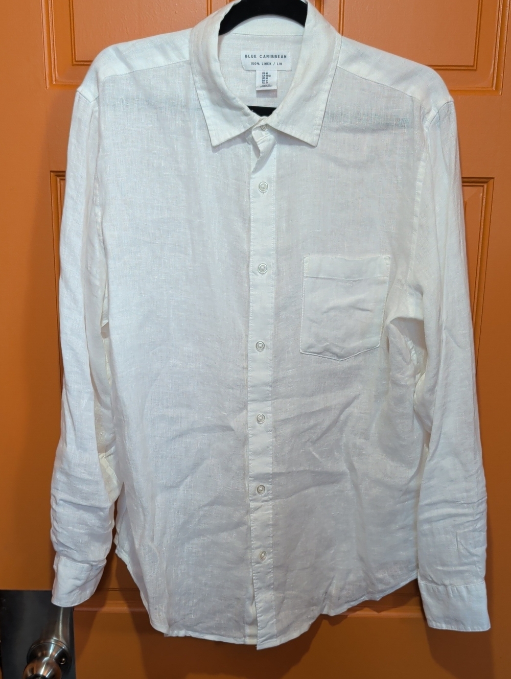 Blue Caribbean Men's White Linen Button-Down Shirt with Chest Pocket